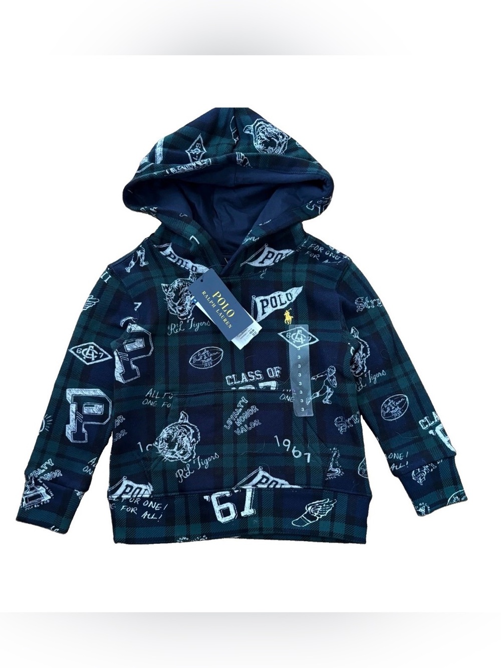 Polo by Ralph Lauren Navy & Green Plaid Hoodie with Varsity Graphics - Size 3